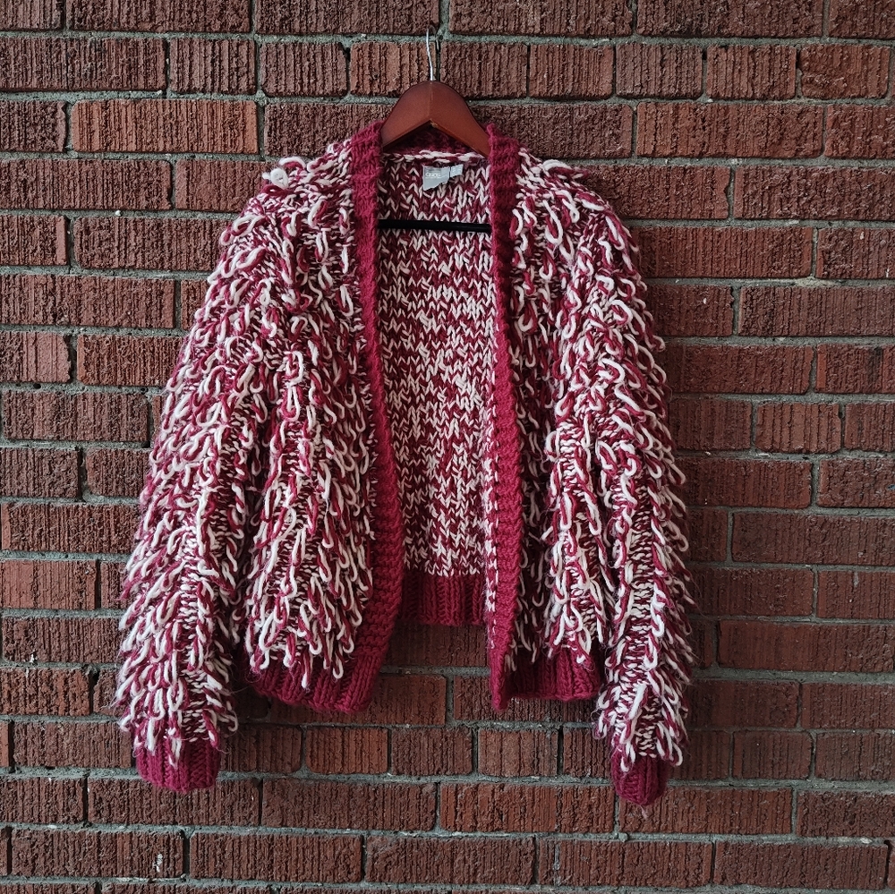 ASOS Cardigan. Shaggy, Knotted. Moroon & White. Size L